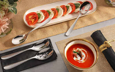 Hudson Essentials 9-Piece Bergamo Hammered 18/10 Stainless Steel Serving Fork & Serving Spoon Set - Flatware Silverware