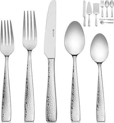 Hudson Essentials Hammered 18/10 Stainless Steel Flatware Silverware Set - Mirror Finish- OPEN BOX - B-STOCK ITEM