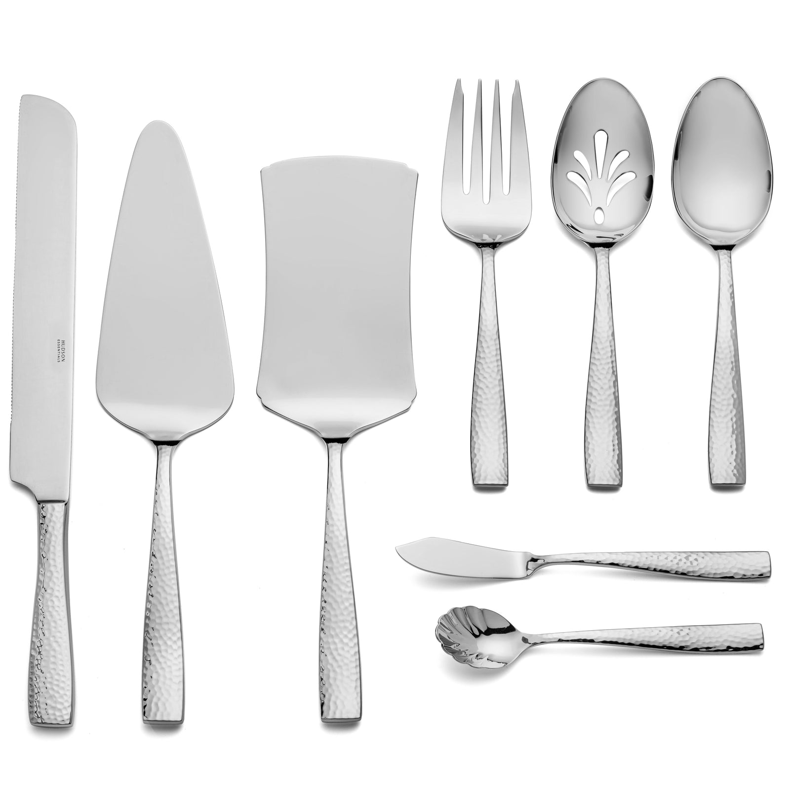 Hudson Essentials 8-Piece Hammered 18/10 Stainless Steel Flatware Serving Set - Hostess Silverware with Cake Knife & Cake Server -Mirror Finish