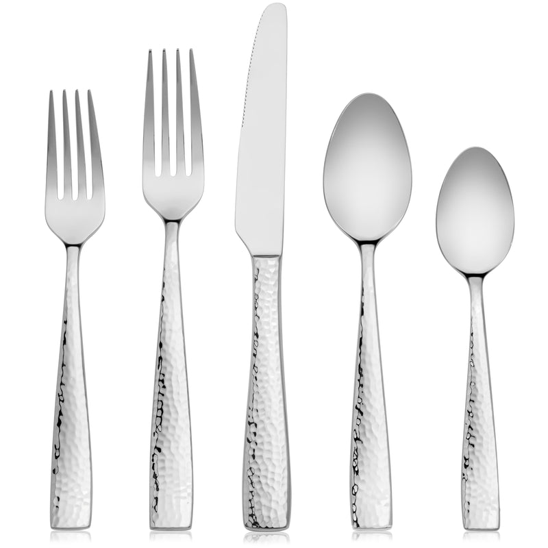 Hudson Essentials Hammered 18/10 Stainless Steel Flatware Silverware Set - Mirror Finish- OPEN BOX - B-STOCK ITEM