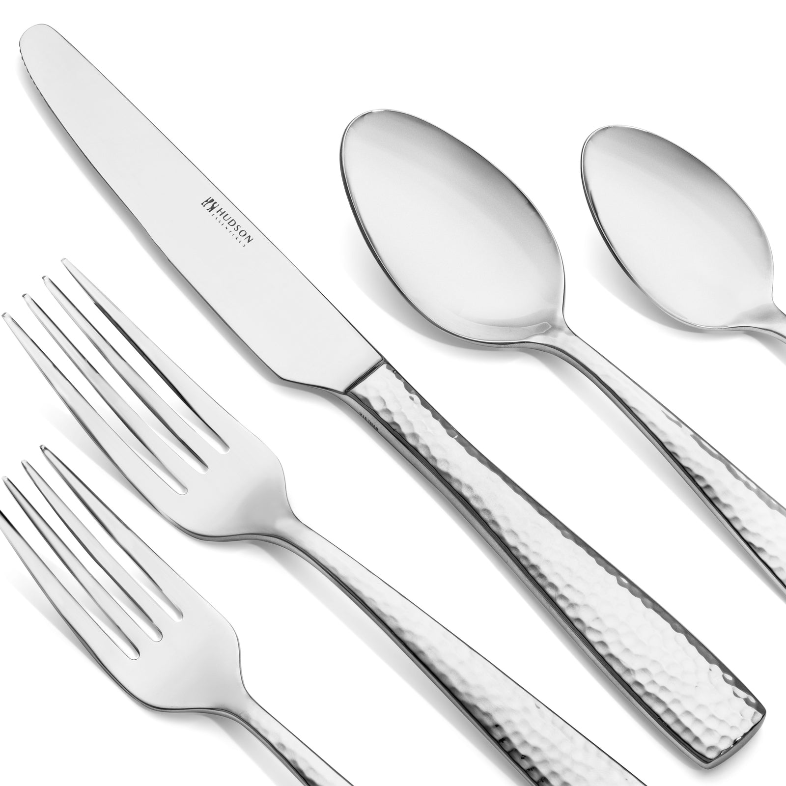 Hudson Essentials Hammered 18/10 Stainless Steel Flatware Silverware Set - Mirror Finish- OPEN BOX - B-STOCK ITEM