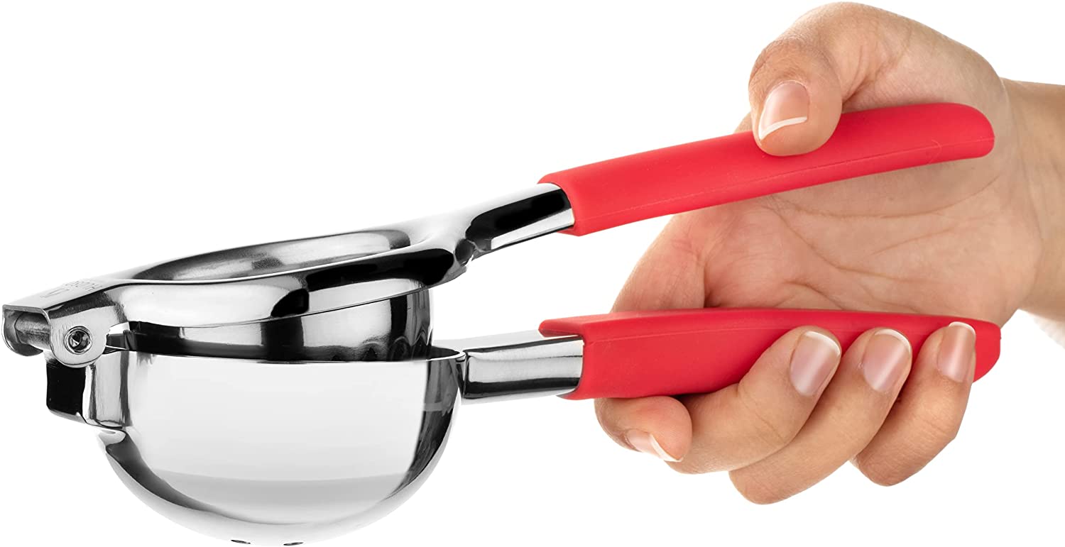 Hudson Essentials Stainless Steel Lemon Squeezer – Large Manual Citrus Press Juicer (Red Silicone Handle)