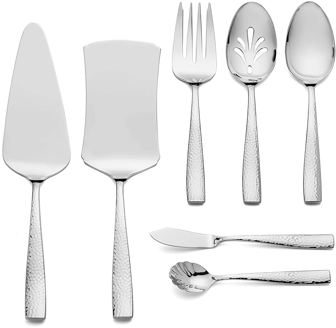 Hudson Essentials 8-Piece Hammered 18/10 Stainless Steel Flatware Serving Set - Hostess Silverware with Cake Knife & Cake Server -Mirror Finish - OPEN BOX ITEM