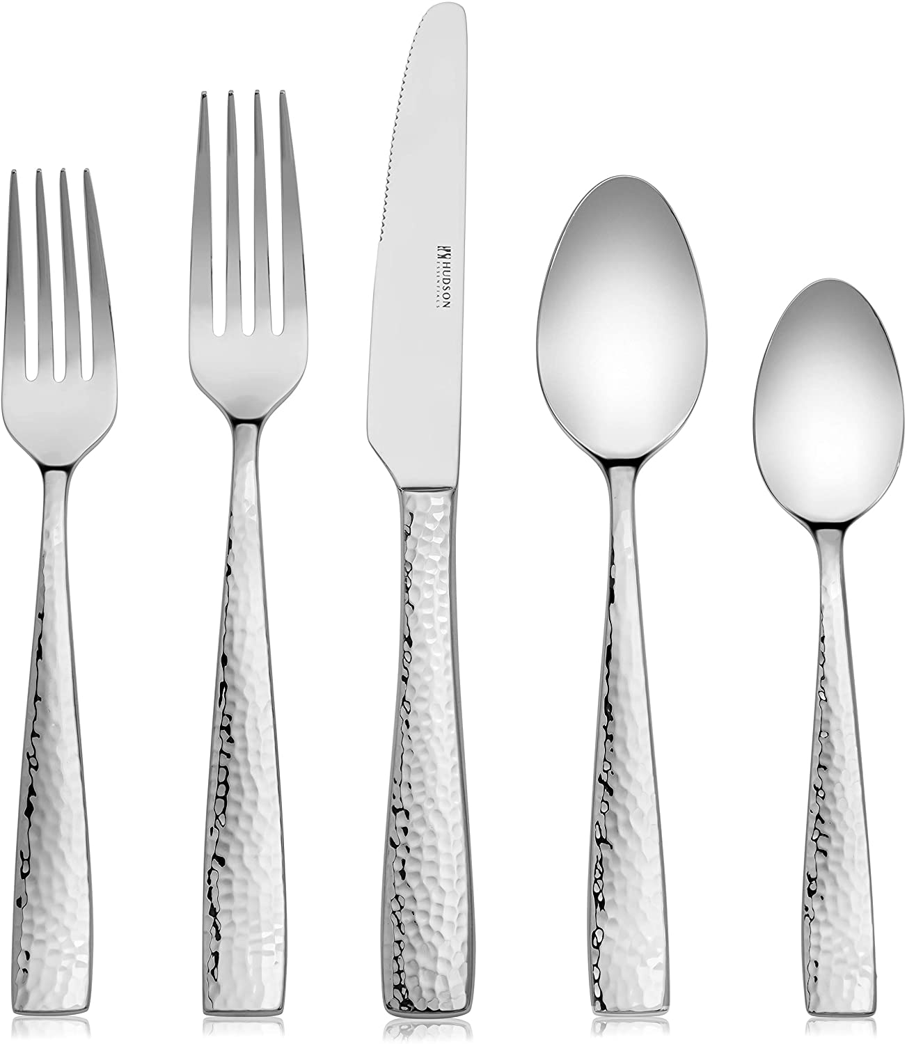 Hudson Essentials Hammered 18/10 Stainless Steel Flatware Silverware Set - Mirror Finish
