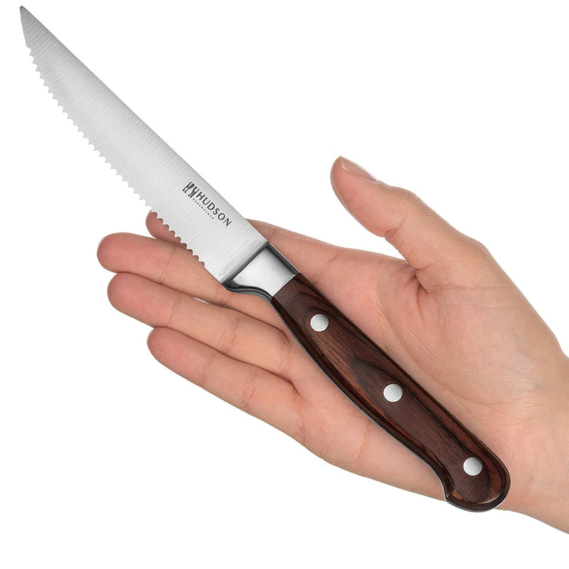 Hudson Essentials Steak Knife Set of 6 - Serrated German Steel Blade and Pakkawood Handle
