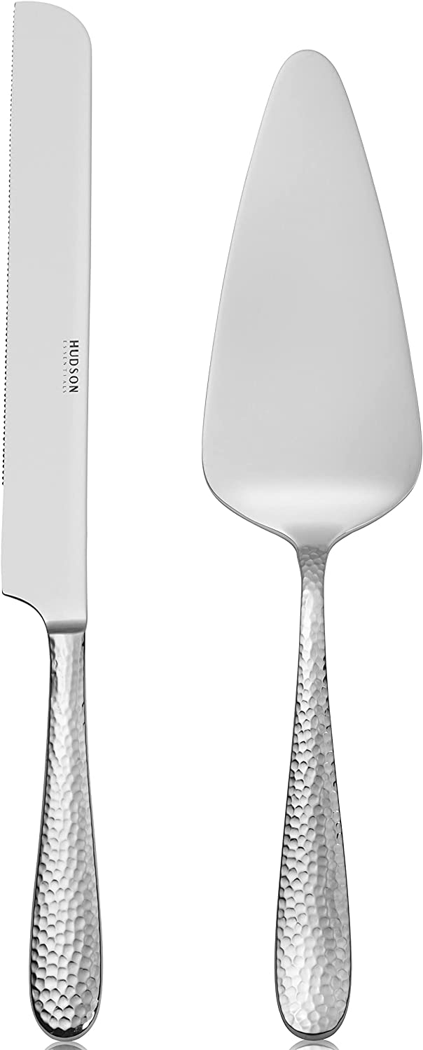 Hudson Essentials Bergamo Hammered 18/10 Stainless Steel Cake Knife & Cake Server Set – Perfect for Weddings, Engagements, Parties, Birthdays and Events